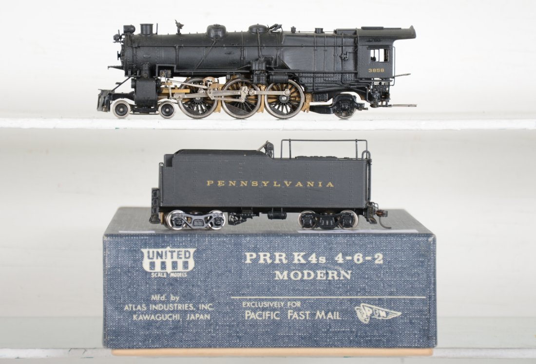 United/PFM Brass HO PRR K-4s 4-6-2 Loco: Cab 3858. Factory painted with Can motor. Hobbyist matte finish over-painted, unrun chassis, otherwise finish is C7+ish Vintage brass trains that haven’t been regularly maintained, may have tarnishe