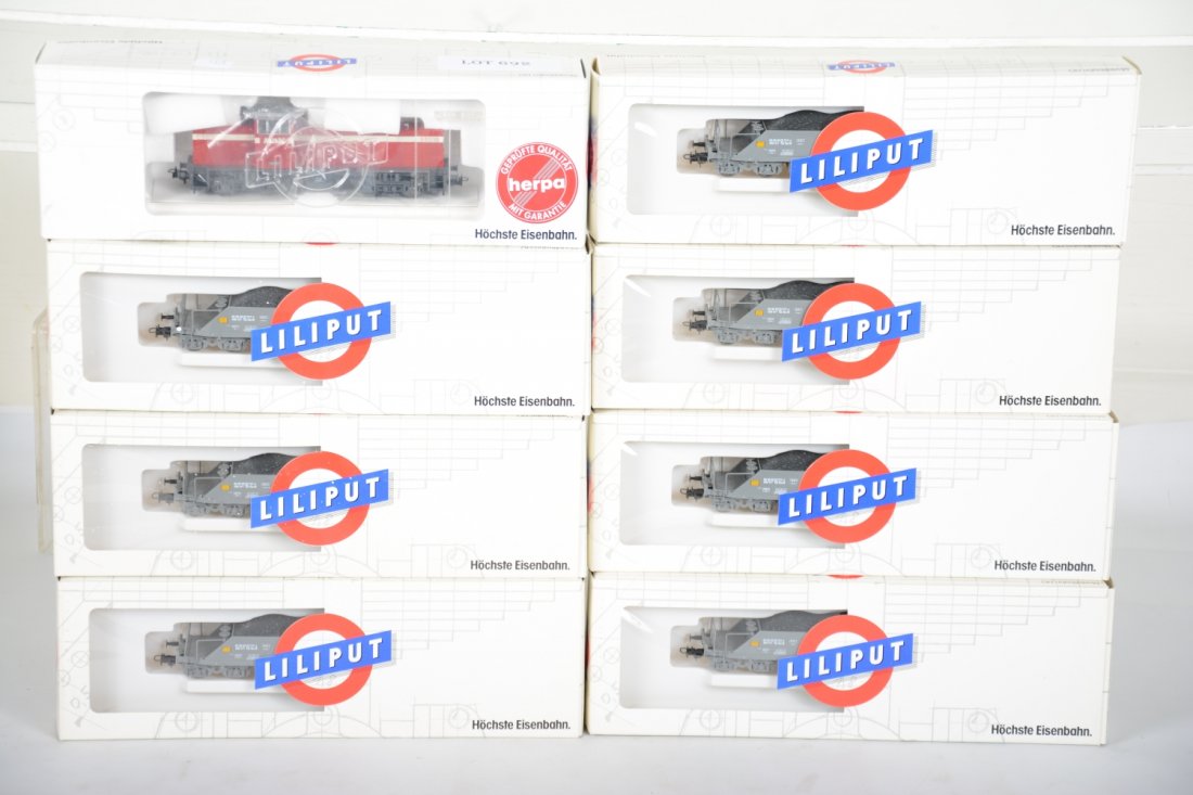 Lilliput HO Diesel Coal Train Set: 2-rail. Includes a 7224 05 MAK BO-BO diesel with 7 boggy truck 223 51 coal hoppers, all new in boxes, C10