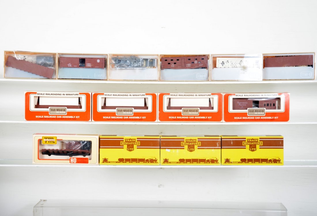 14Pc TMI HO SP Work Train Cars: Assorted car with crane & tenders, blacksmith, tool & bunk cars, rail & tie flats and more, all new in boxes, C10