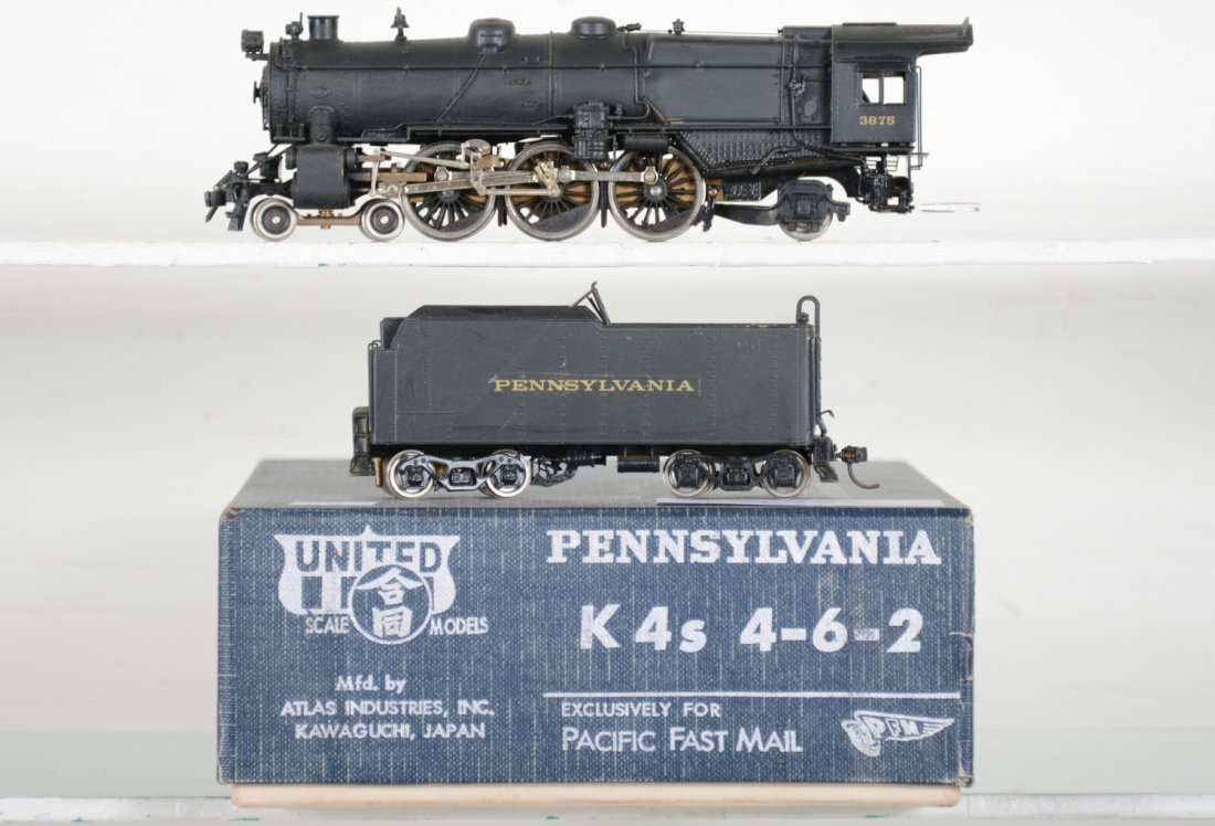 United/PFM Brass HO PRR K-4s 4-6-2 Loco: Cab 3875. Factory painted with Can motor. Hobbyist matte finish over-painted, test run chassis, otherwise finish appears C7+ish