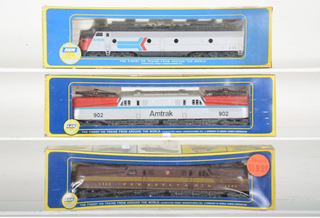 3 AHM RivaRossi HO Locomotives: Includes a PRR GG1 #4929, sealed C10; Amtrak GG1 #902, ob C8; Amtrak E8 diesel #235, ob C8