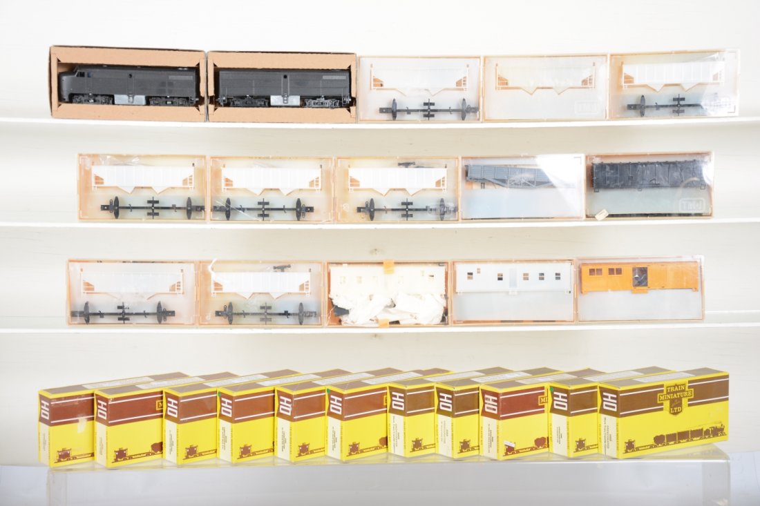24+ Piece TMI HO Undecorated Diesel Freight Kits: Includes an FA-1 powered & FB-1 dummy diesels; 23 assorted kits with many hoppers, some cranes & boxcars, all new in boxes, C10
