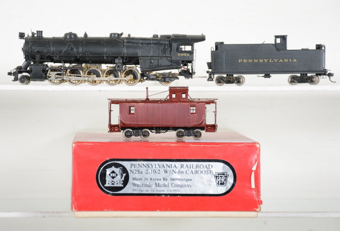 Westside Brass HO PRR N-2sa 2-10-2 with N-6b Caboose: Cab 7343. Painted & decaled with Can motor, with Hobbyist matte finish over-painted, unrun chassis, otherwise finish appears C7+ish. Caboose Factory painted, Like New to Mint, unrun, may have minor du