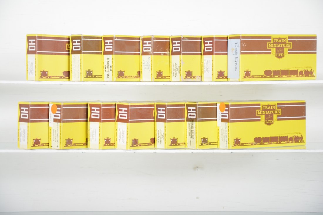 18 Assorted TMI HO Freight Car Kits: Assorted road names, and car styles with flat cars, cabooses, boxcars, reefers, Limited edition and more, all new in late boxes, C10
