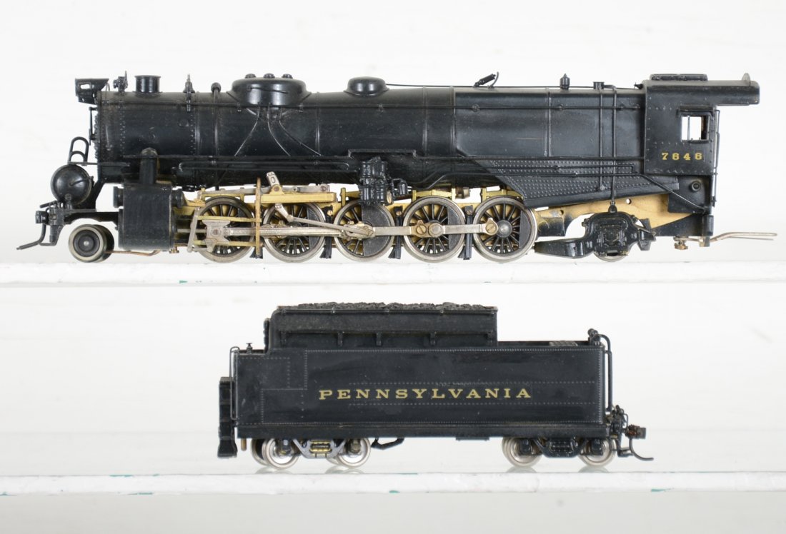 Olympia Brass HO PRR 2-10-2 Locomotive: Cab 7646. Factory painted then decaled, test run, Excellent, Light to moderate run-time, Signs of handling, Very minor paint flaws, may have minor decal wear, but presentable. Dusty from display with 