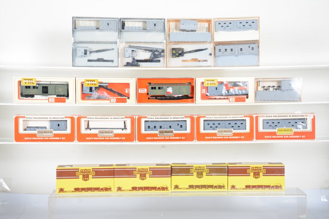 21+ TMI HO MW Crew & Wrecking Car Kits: Includes Maintenance of Way flat cars; tool cars; ballast cars; blacksmith & supply caboose, cranes and crane tenders. All new in assorted style boxes, C10