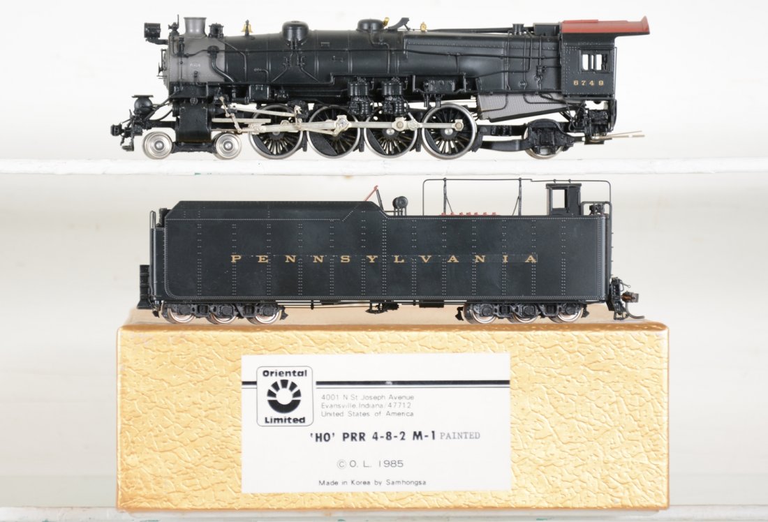 Oriental/ Samhongsa Brass HO PRR M-1 4-8-2 Loco: Cab 6749. Factory painted then decaled. Like New, test or very light signs of operation, may have light dust from display, light signs of handling, may have some tarnishing to finish. Original box, C9