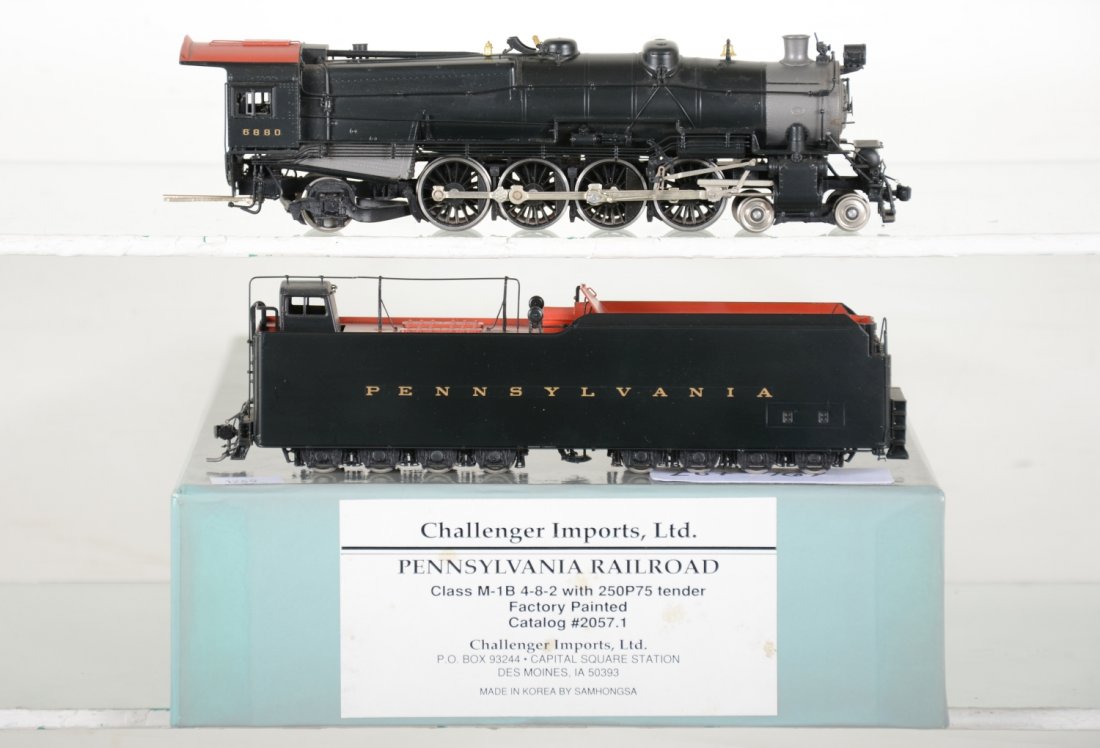Oriental/Samhongsa Brass PRR M-1b 4-8-2 Loco #6880: Factory painted. HO Gauge. Excellent, Light to moderate run-time, Signs of handling, Very minor paint flaws, may have minor decal wear, but presentable. Dusty from display with incorrect Challenger bo