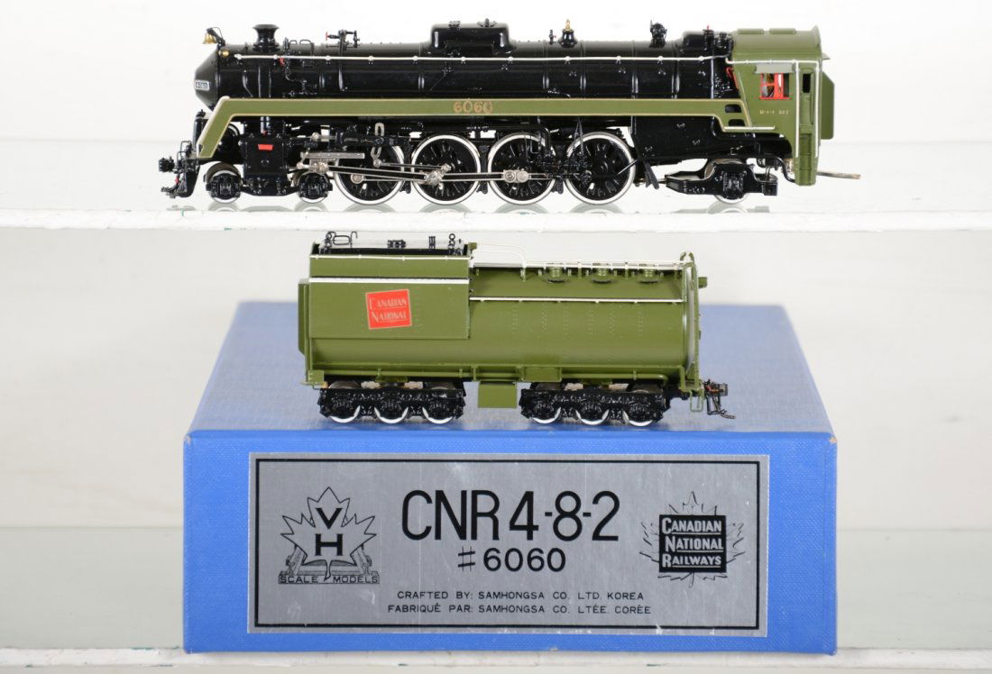 Samhongsa/VH Brass CNR 4-8-2 #6060 Loco: Factory painted. Front grab rail loose. HO Gauge. Like New to Mint, unrun, may have minor dust from display, near perfect paint, may have some tarnishing to finish. Original box, C10