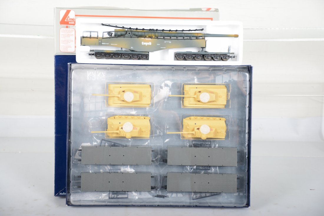 Scarce Lima/Lilliput HO Military Cars: Includes a Lilliput L240003 4-car tank carrier set; Lima 303500 Leopold Mobile Cannon, all new in boxes, C10