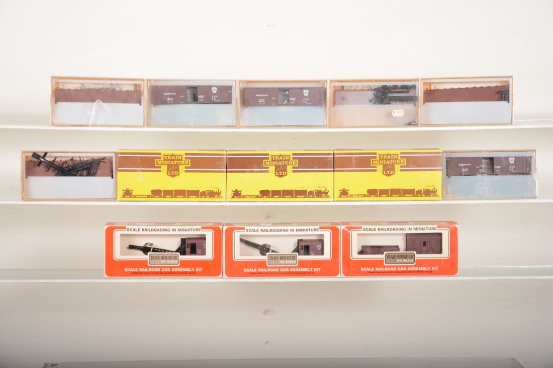 12+ PRR Wrecking Train Cars: Includes cranes, tenders, flats, and assorted crew cars, all new in boxes, C10