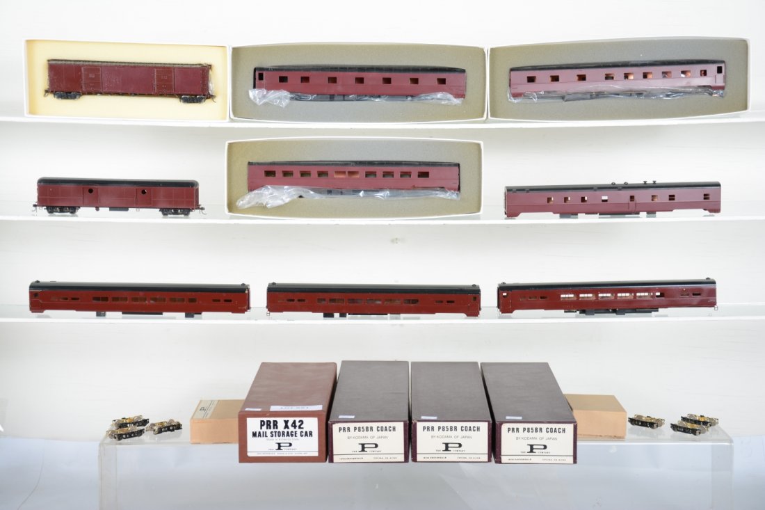 P Company Brass HO PRR Coach Projects: Includes an X42 Mail Storage express car, complete ob; baggage, complete; 3 #P85BR coaches with frames and decal sheets & boxes; 3 diners with frames, 1 is C6; Café car body and extra baggage frame, 