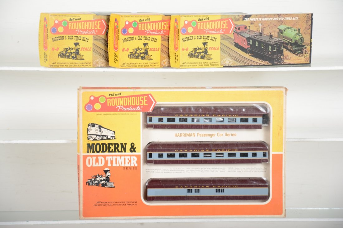 Early Roundhouse HO CP Passenger Car Kits: Includes the Harriman 3-pack set with additional combine, RPO & diner. All appear new in boxes, C10