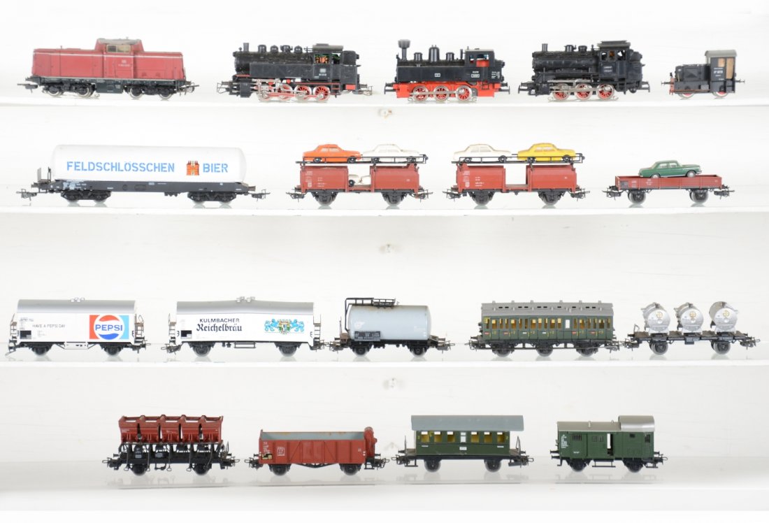 Large Marklin HO Trains Group: Includes an 0-8-0 tank loco; 2 different 0-6-0 tank locos; BO-BO diesel switcher, small Brawa diesel and an assortment of freight & passenger cars. All show use, grade range is C6-8, so examine photos