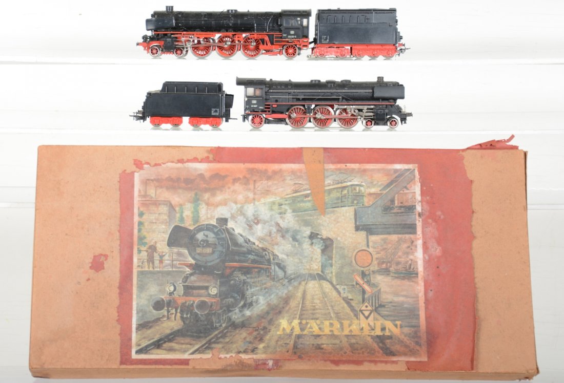 Marklin HO Trains Group: Includes 2 different 4-6-2 steam locos, 3048 & 3310; Early starter set with tank loco with 3 freight cars track & worn setbox, plus a boxed 4611 crane. All show light to moderate playwear, C7-8