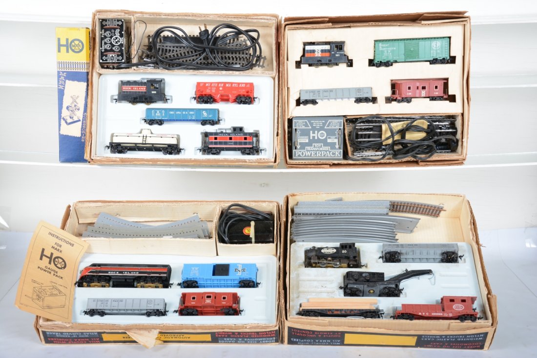 4 Boxed Marx HO Sets, Plus: Includes sets 64667, Allstate Sears 9632; 17455NT & 16850, plus a boxed 7421 crossing flasher. Contents as photoed. All show light to moderate playwear with boxes, most track and inserts, C7+-8