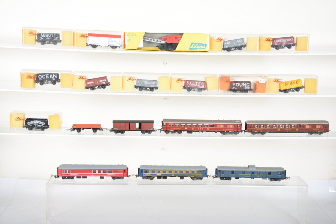 Lilliput & Jouef HO Trains Lot: Includes 12 boxed Lilliput freight cars, 2 -27cm diners; 5 assorted Jouef cars. All show light playwear, C8
