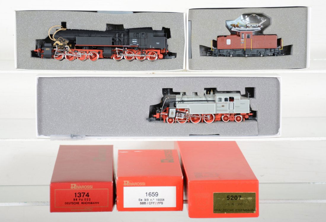 3Pc RivaRossi HO Locomotives: Includes a 1375 BR 96 022 DB 0-8-8-0 Mallet; 1659 Swiss FFs electric and a 5207 P5 310 Pfalzische 2-6-4 tank loco, all new in boxes, C10