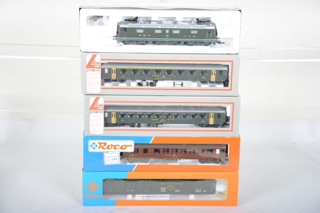 Lima/Roco HO Swiss Passenger Set: Includes a Lima 208199L 0-4-4-4-0 electric with 309518 coach; 3 Roco cars, all appear new in boxes, C10