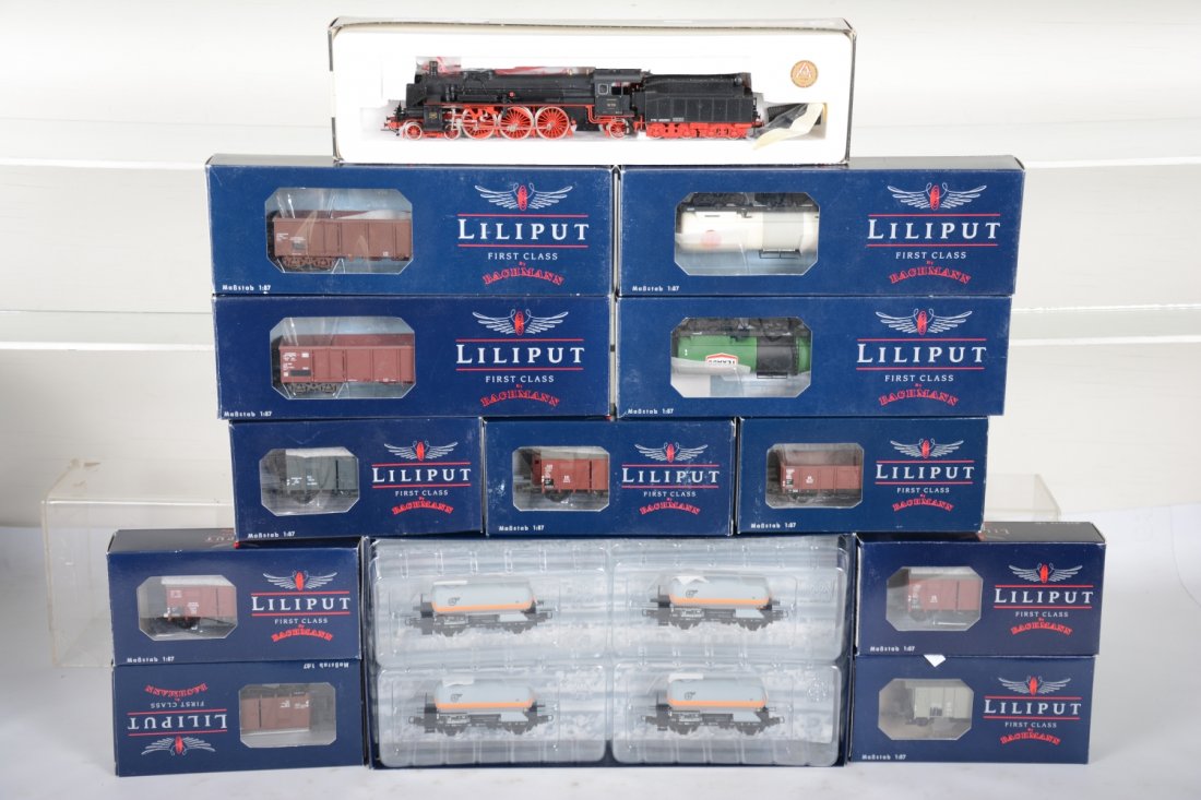 Lilliput HO Steam Freight Set: Includes a 40 02 DB 4-6-2 express steam loco with several assorted freight cars, all new in boxes, C10
