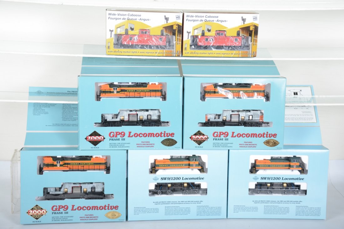 Life-Like Proto 1000 HO GN Diesel Sets: Includes 3 GP-9 Phase III diesels Original boxes, C10 diesels with different road numbers with Rapido caboose; Proto 2000 SW9 AA diesels, different road number with Rapido GN caboose, all are new in b