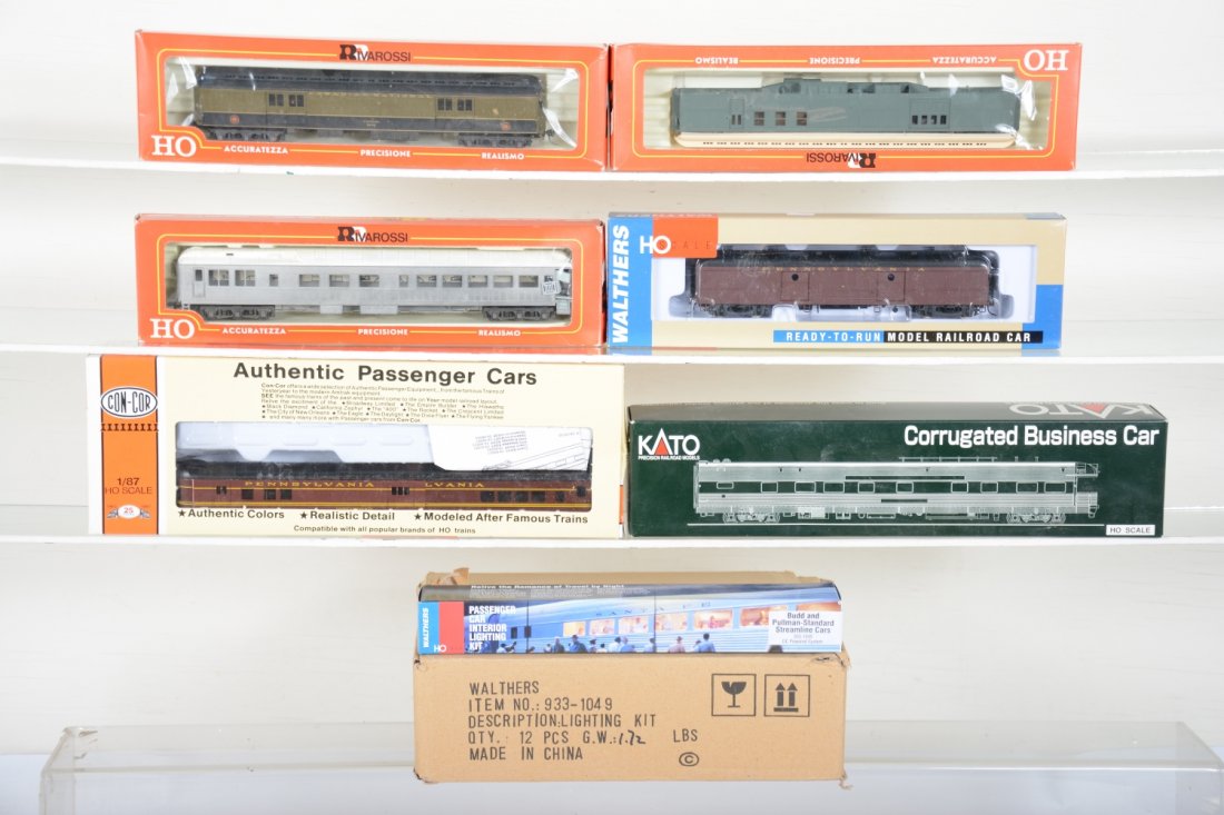 Assorted HO Passenger Cars & Lighting Kits: Includes cars by RivaRossi, Con-Cor, Kato & Others, plus a case of Walthers 933-1049 lighting kits, all appear new in boxes, C10