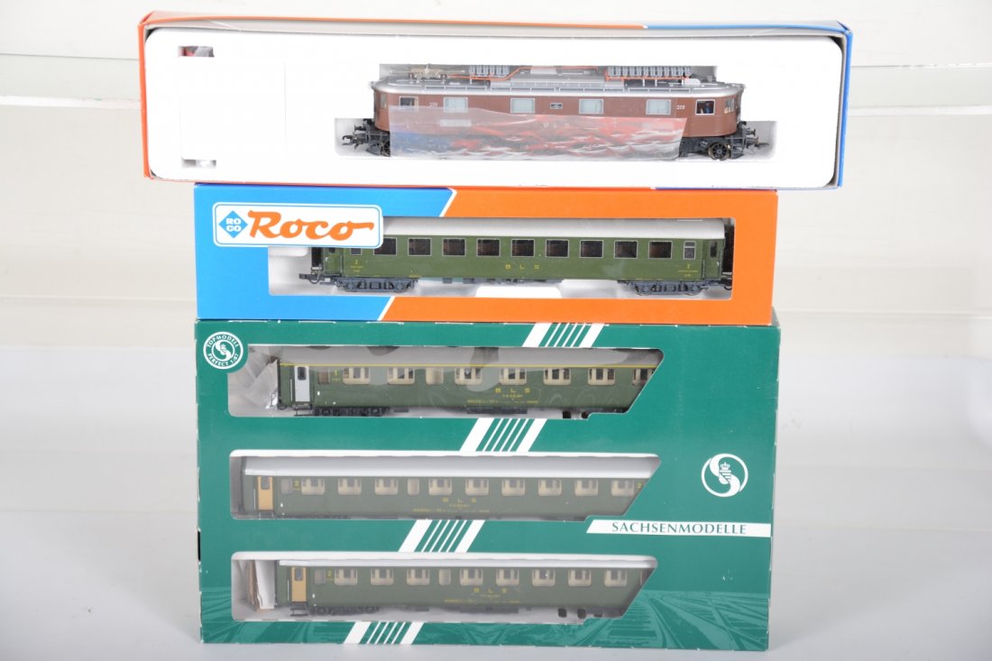 ROCO/ Sachsen HO Swiss Passenger Set: 2-rail. Includes a Roco 43710 BLS Ae 6/8 23cm 2-6-6-2 electric with 44869 coach; Sachsen 14017 BL# 3-car set, all new in boxes, C10