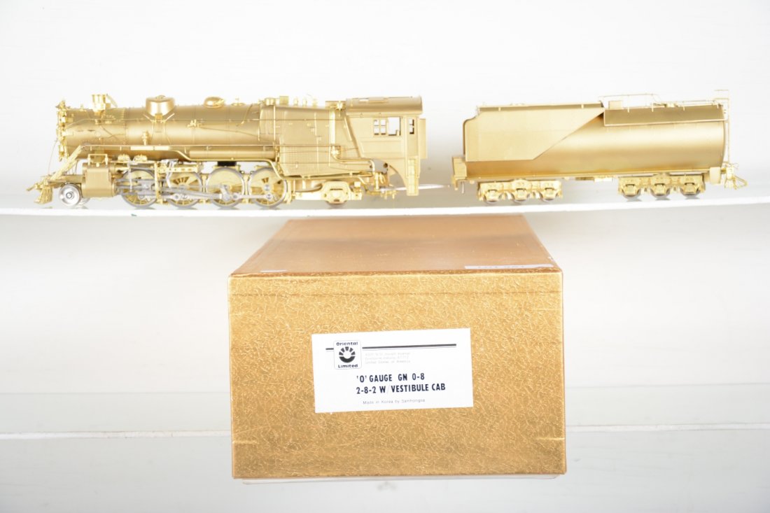 Oriental/ Samhongsa Brass O Scale GN O-8 2-8-2 Loco: 2-Rail with vestibule cab. Like New to Mint, unrun, may have minor dust from display, near perfect paint, may have some tarnishing to finish. Original box, C10 Vintage brass trains that haven’t been