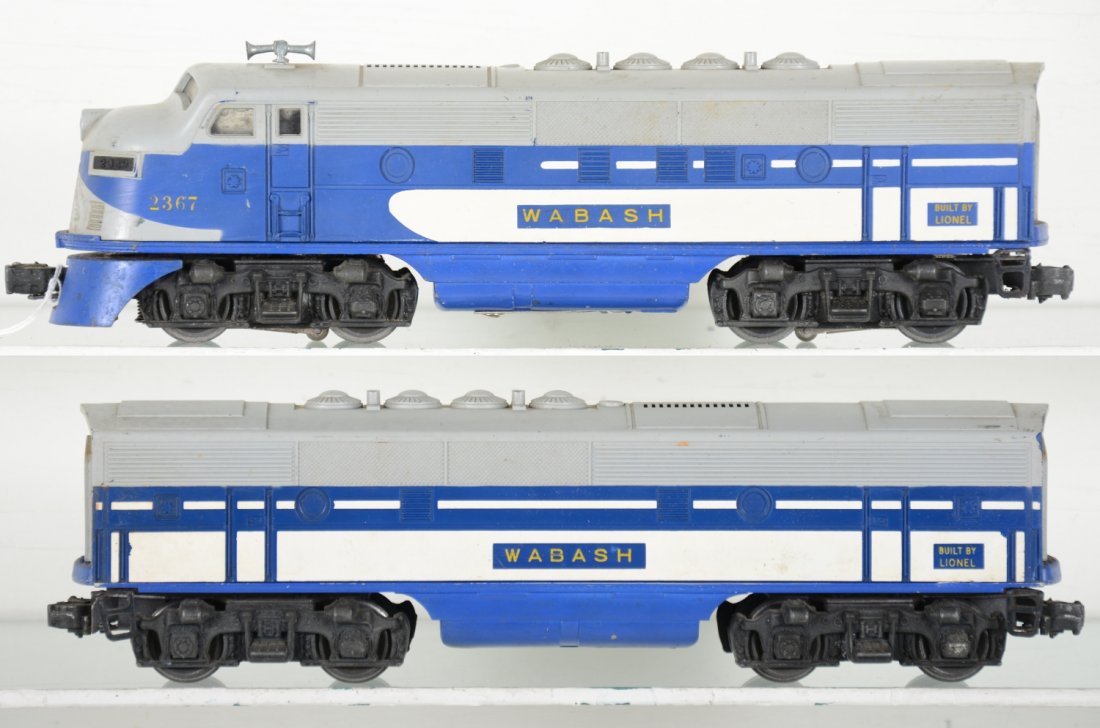 Lionel 2367 Wabash F3 AB Diesels: Good pulling dual motor diesels. They match nicely with clean battery box. They show moderate playwear, C6