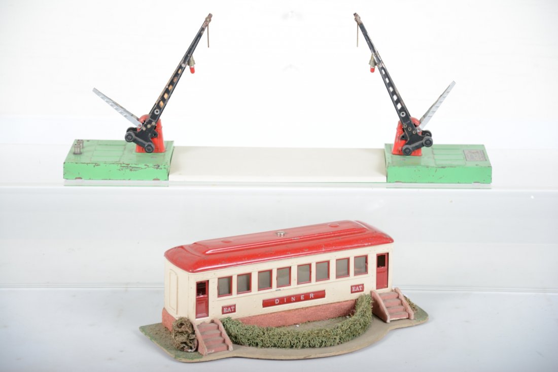 Lionel 442 & 47 Accessories: Includes a 442 diner, shrubs intact with tips of pine trees worn, clean base label, C6; 47 double crossing gate with restored road section, missing lanterns, C5+