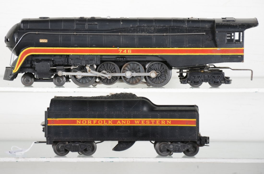 Lionel 746 Long-Stripe J Steam Loco: 1957 production shielded Northern with 746WX long stripe tender. The loco shows moderate playwear with slight ding on 1 front step, C6-, tender is a bit better, C7-
