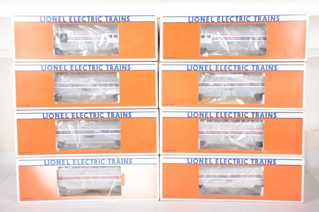 Lionel Amtrak Streamline Passenger Cars: Includes 19100 baggage; 19101 combine; 19101 coach; 19103 vista-dome; 19104 diner; 2 #19105 full vista-domes; 19106 observation. All show very light runtime with boxes, 1 slightly faded, C9