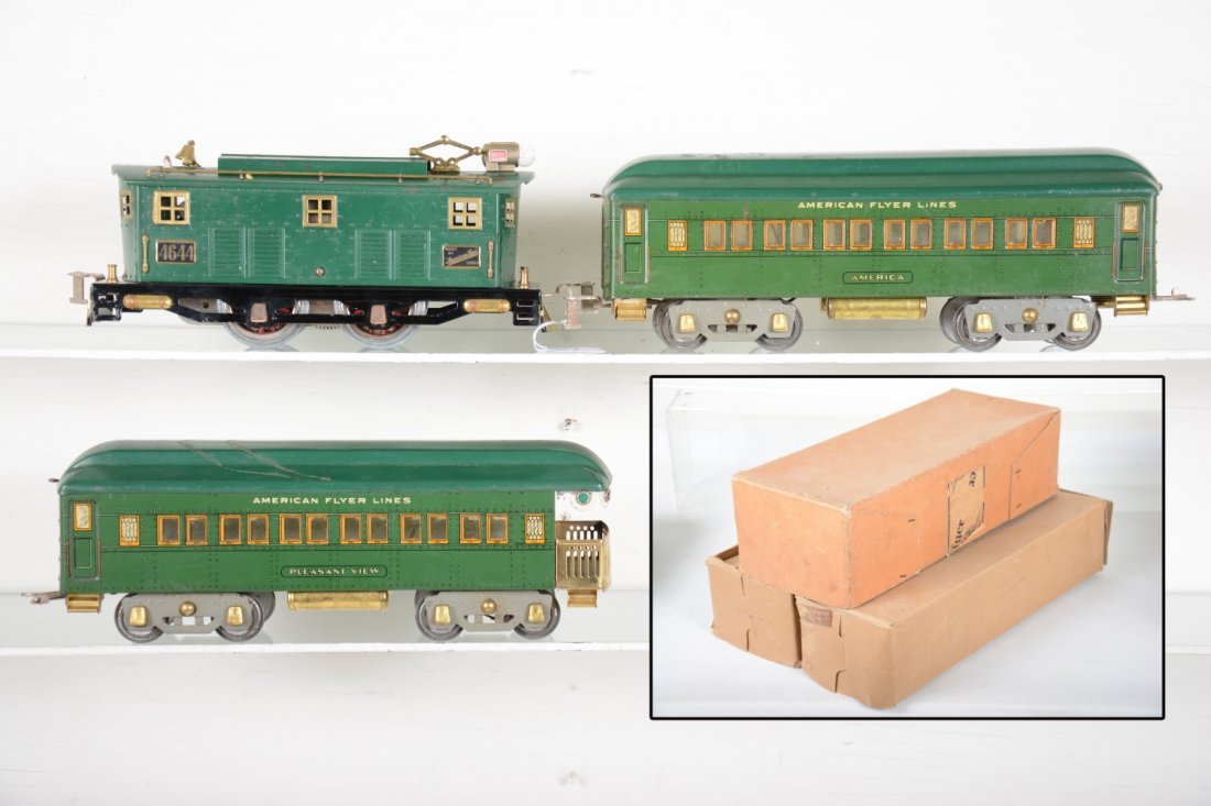 Boxed American Flyer 4644 Passenger Set: Standard Gauge. Includes a 4644 boxcab electric, rewheeled, rewired and ready to run, some spider webbing to paint; 4141 America Pullman; 4142 Pleasant View observation. Set is clean, showing moderate
