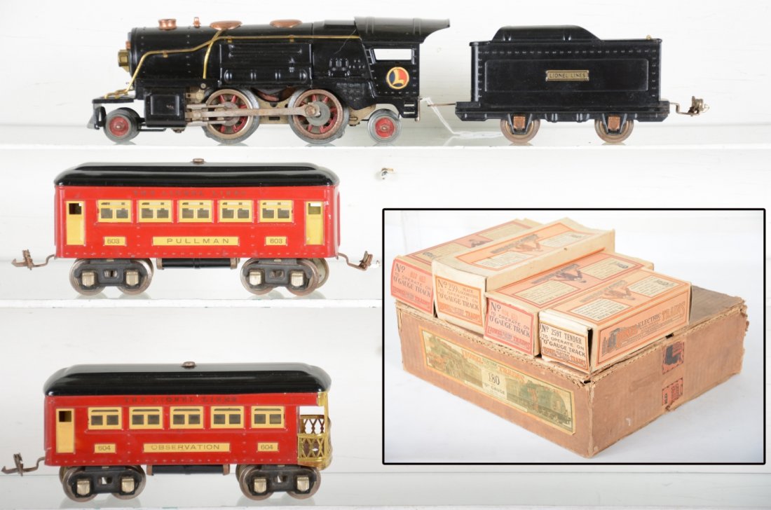 Unusual Boxed Lionel 259 Set 180: Circa 1932. Includes a 259 steam loco; 259T tender; 603 Pullman; 604 observation, all are clean with nice unhandled patina. They have boxes, loco is worn with unusual top-open setbox with track, C7+-8