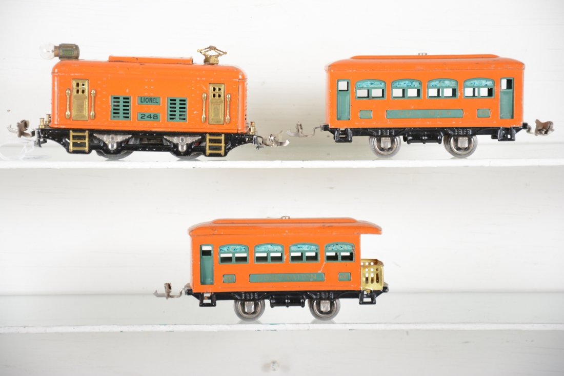 Lionel 248 Passenger Set: Includes a 248 boxcab electric, 2nd version with peacock inserts, some wheel fatigue, missing whistle; matching 529 Pullman; 530 observation. All should polish up nicely and show light top moderate pl