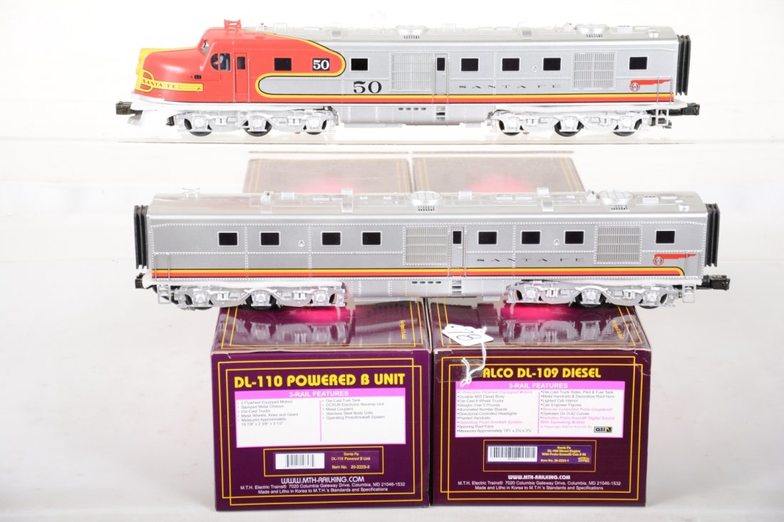 MTH 20-2223-1 & -3 SF DL109 AB Diesels: 042. Both units are dual powered with ProtoSounds & QSI passenger station sounds. They are unrun with boxes, C10