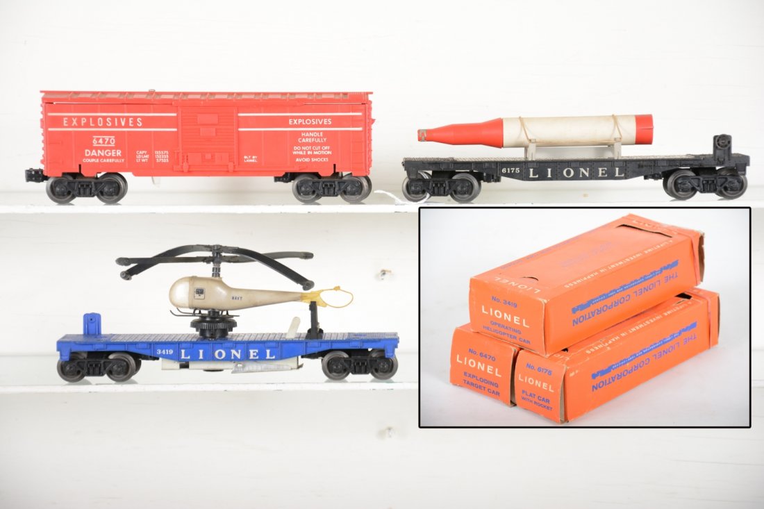 Boxed Lionel 3419, 6470 & 6175 Space Cars: Includes a 3419 operating helicopter car, double bladed copter with cracked skid, missing tail rotor blades; 6470 target car, missing grommet, otherwise intact; 6175 flat with rocket. They could benef