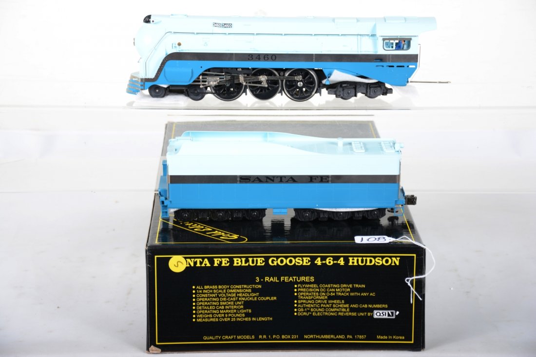 Weaver Brass SF Blue Goose 4-8-4 Hudson: 054. 3-rail. Nice streamline Hudson with smoke & QSI reverse. It is unrun with box, C10