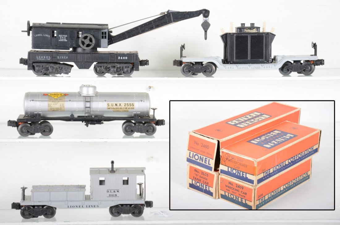 Clean Boxed Lionel Freight Cars: Includes a 2555 Sunoco tank, bright silver with nice decals; 2461 flat with transformer, with insert; 2460 crane; 2419 work caboose with insert, all are clean with boxes, C7+