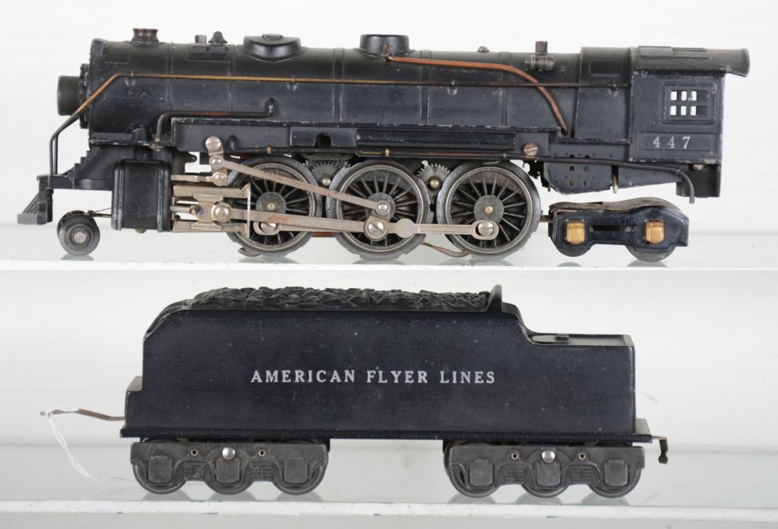 Clean American Flyer 447 Hudson Steam Loco: Circa 1939, includes a 447 rubber stamped locomotive, minor fatigue to rear ponies, 1 set wheels replaced, motor turns; cast AFL tender with slot coupler for streamline cars. Both have nice matte pati