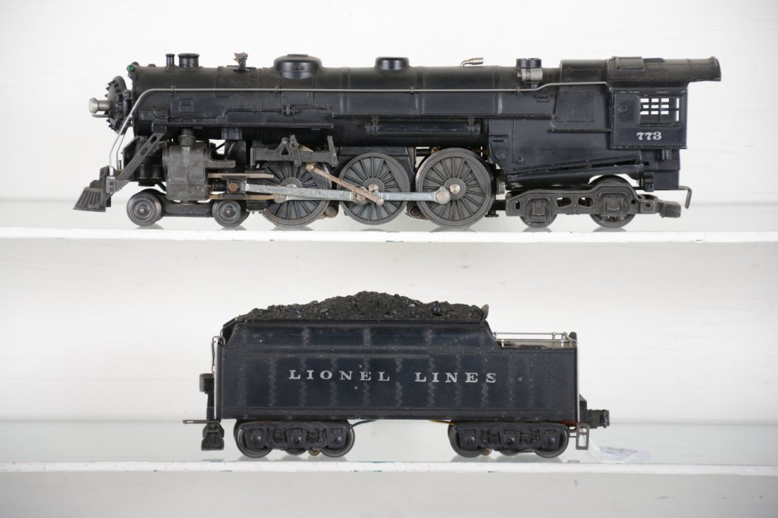 1950 Lionel 773 Hudson: Fairly clean with even lettering on both units. It has light oxidation on eccentric rods and boiler front ring has been replaced. It shows light to moderate playwear, C7