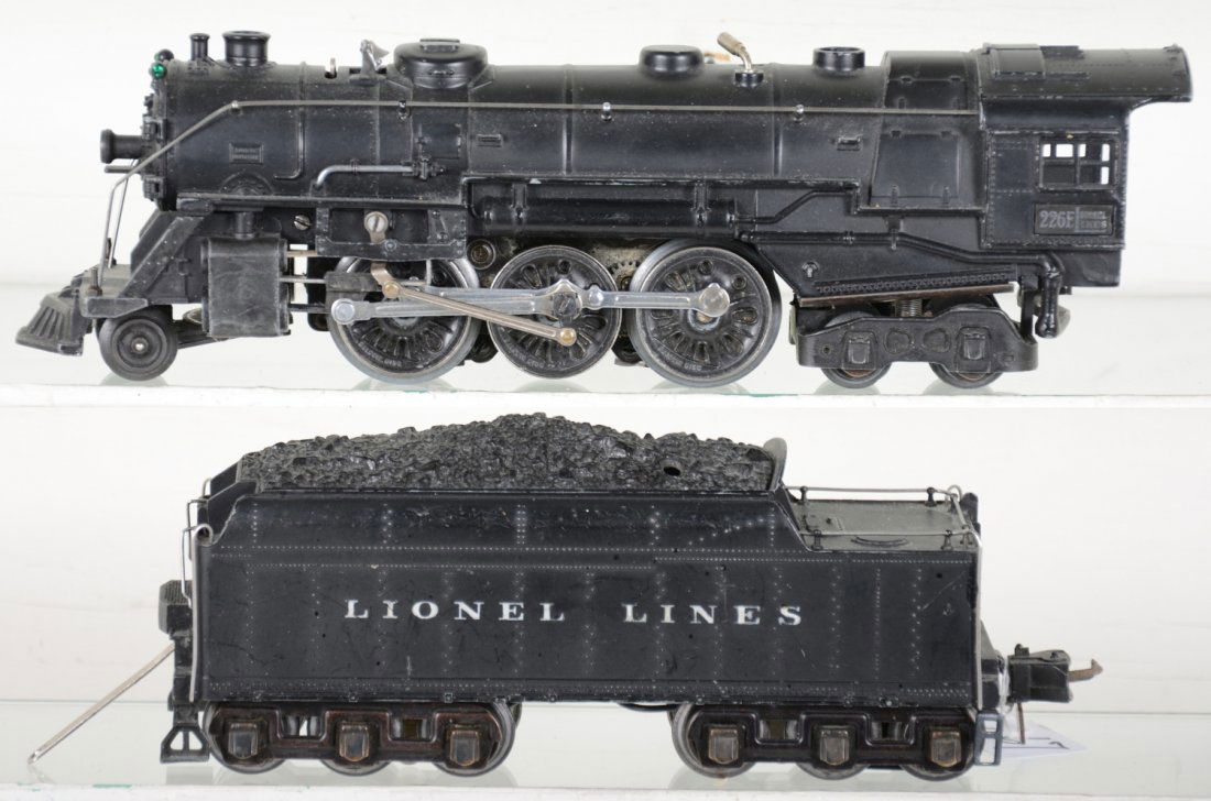 Clean Late Lionel 226E Hudson Locomotive: Tougher 1941 version with 2226WX tender with low couplers that can pull Madison cars. The loco has nice matte patina with bright rods, the tender has white heat stamped lettering and shows light to mo