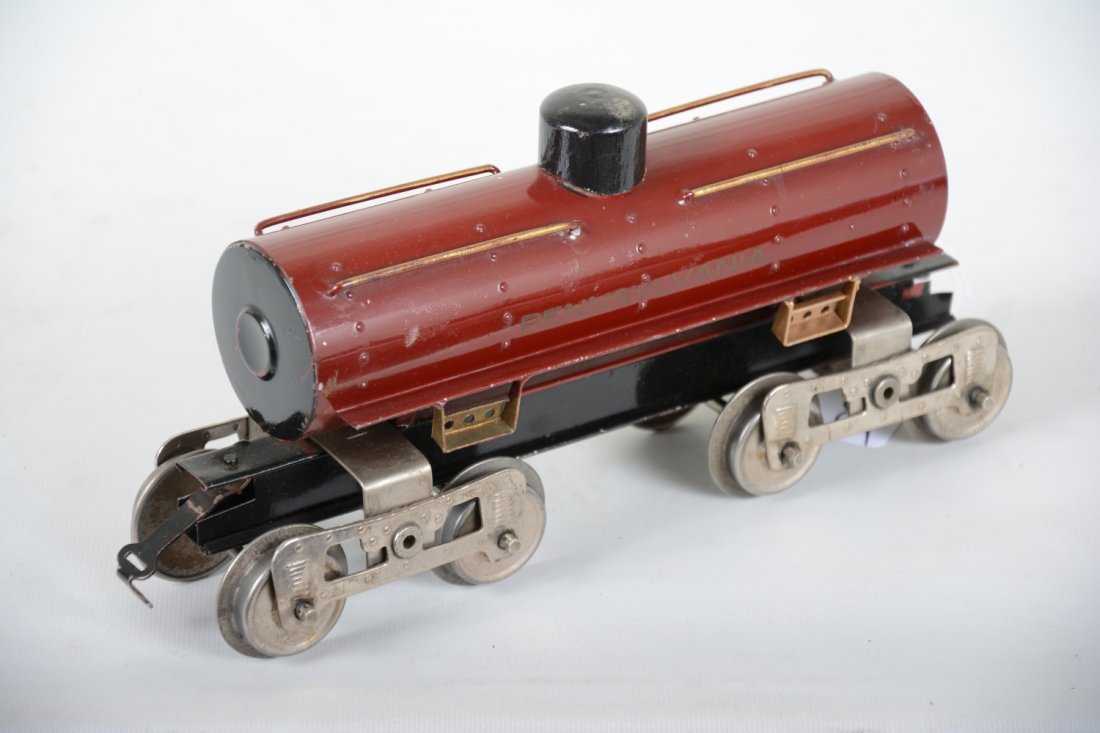 Clean Lionel 15 PRR Tank Car: Standard gauge. Great lettering, clean & shiny, showing light playwear with some paper crazing on dome, otherwise, C8 Wow!