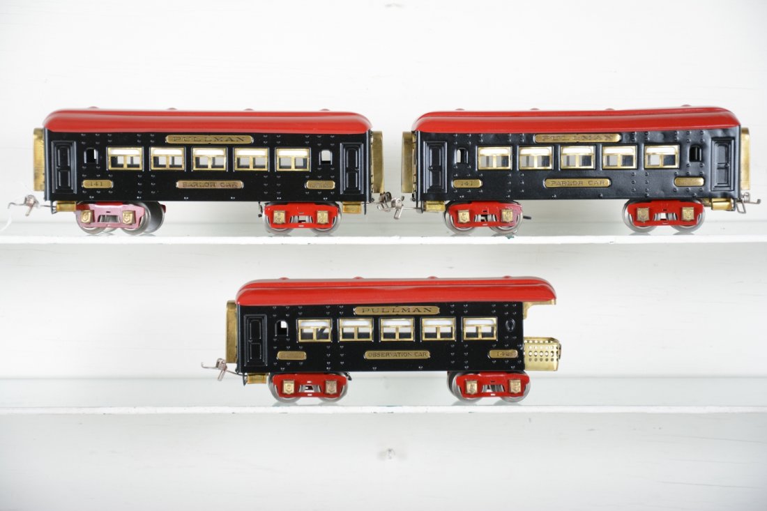 Restored Ives Black Diamond Cars: Includes 2 #141 Pullmans & matching 142 observation. They are painted correct for a change with the black being satin finish. Pro Job to appear C9