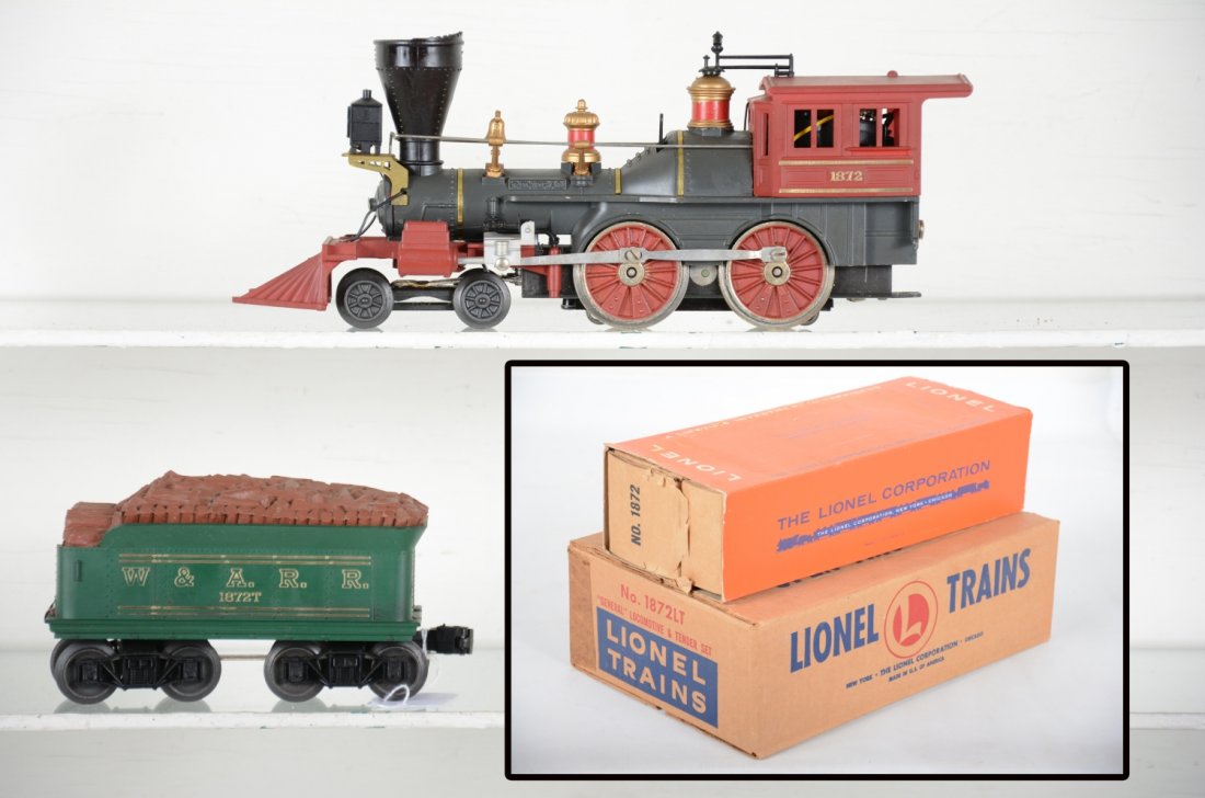 Nice Double Boxed Lionel 1872 General Locomotive: Clean Super O loco, intact, just missing stack screen, brick ob with sleeve; 1872T tender; They show light playwear with Brick master carton, otherwise C8