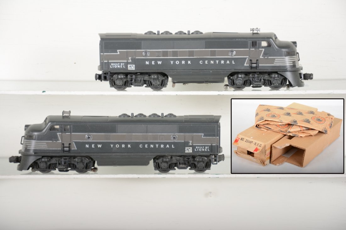 Nice Lionel 2344 NYC F3 AA Diesels: Clean & bright shells with 100% nose decals and clean battery box. They match nicely and only show light playwear with power box and dummy insert only, C7+-8