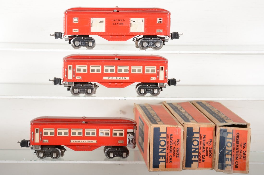 Super Boxed Lionel 2600 Passenger Cars: Circa 1938. clean & shiny with gorgeous lettering. They only show light playwear with original boxes, some tape, cars C8 Nice!