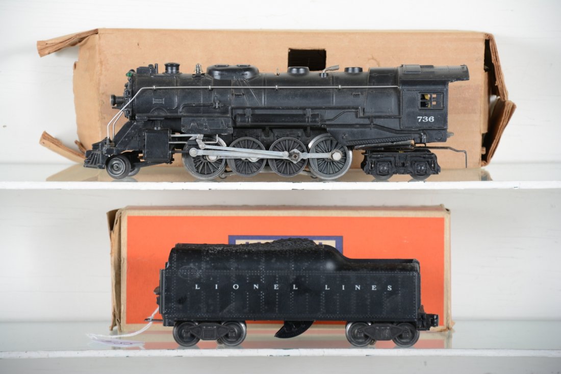 Clean Lionel 736 Berkshire Locomotive: Nice late 1950s version with plastic trailing truck; 2046W tender. They show light playwear with loco insert & tender box only, C7+
