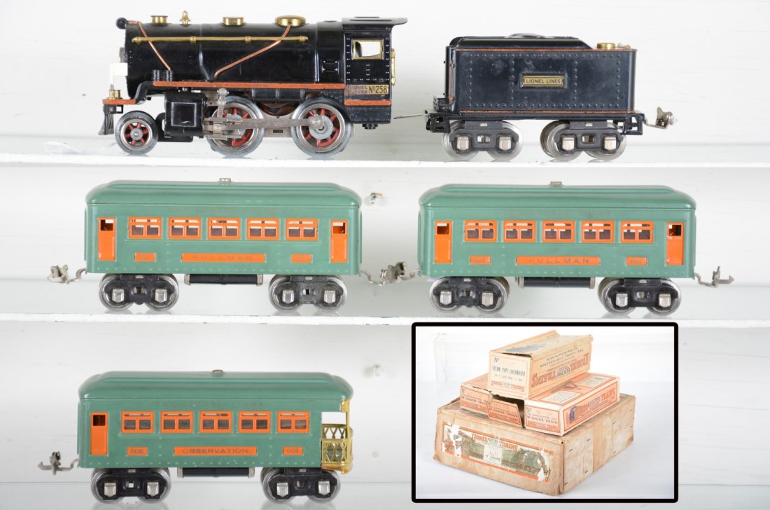 Early Lionel 258 Steam Set 236: Circa 1930. Includes a 258 steam loco; 258t cast tender; 2 #607 Pullmans; 608 observation. Includes car boxes with rough loco box. Trains show light to moderate playwear with setbox, C7-7+