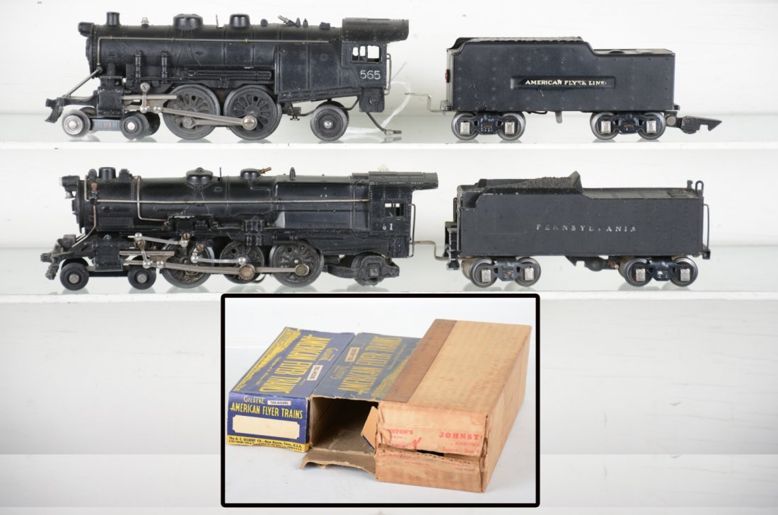 Boxed American Flyer 561 & 565 3/16 Steam Locos: Circa 1940. Includes a 561 PRR Pacific, replaced front ponies, rear have chipped flanges; 558 cast tender with ob; 565 AFL Atlantic, some fatigue to pony wheels with scarce 564C tender with Choo-Choo 